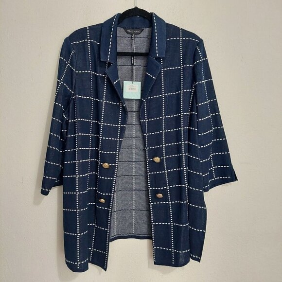 Ming Wang Heritage Fit Blue Dashed Windowpane Open Knit Jacket Gold Buttons 1X - Picture 1 of 7